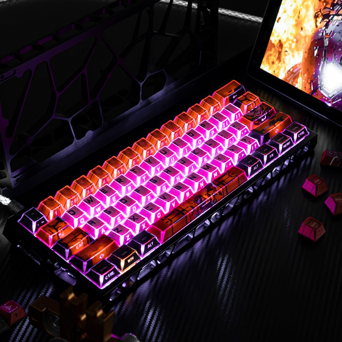 Gundam Theme Series Design Creative Set Keycaps, Light and Shadow Transparent, Folding Transparent Effect personalized keycap set, mechanical keyboard fashionable trend keycap compatible with 61/64/68/75/84/87/104 key mechanical keyboard