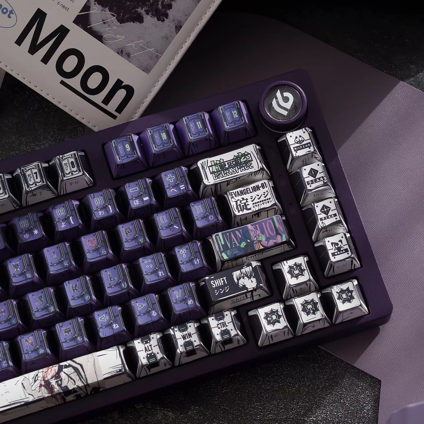 EVA series, EVANGELION-01 theme, comic style PBT keycap with folded edges and transparent five sided heat sublimation mechanical keyboard decoration keycap, compatible with 61/64/68/75/84/87/104 key mechanical keyboard keycap set