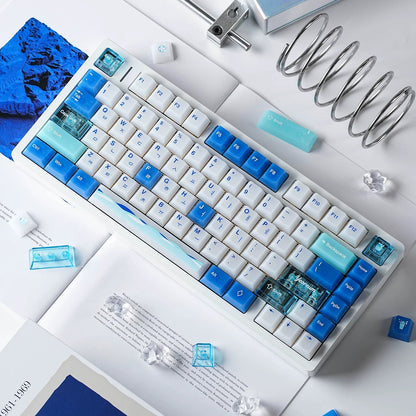 Ocean View theme design. PC semi transparent material personalized key cap set, blue ocean themed cultural creative decorative keycaps, compatible with 61/64/68/75/84/87/104 key mechanical keyboard