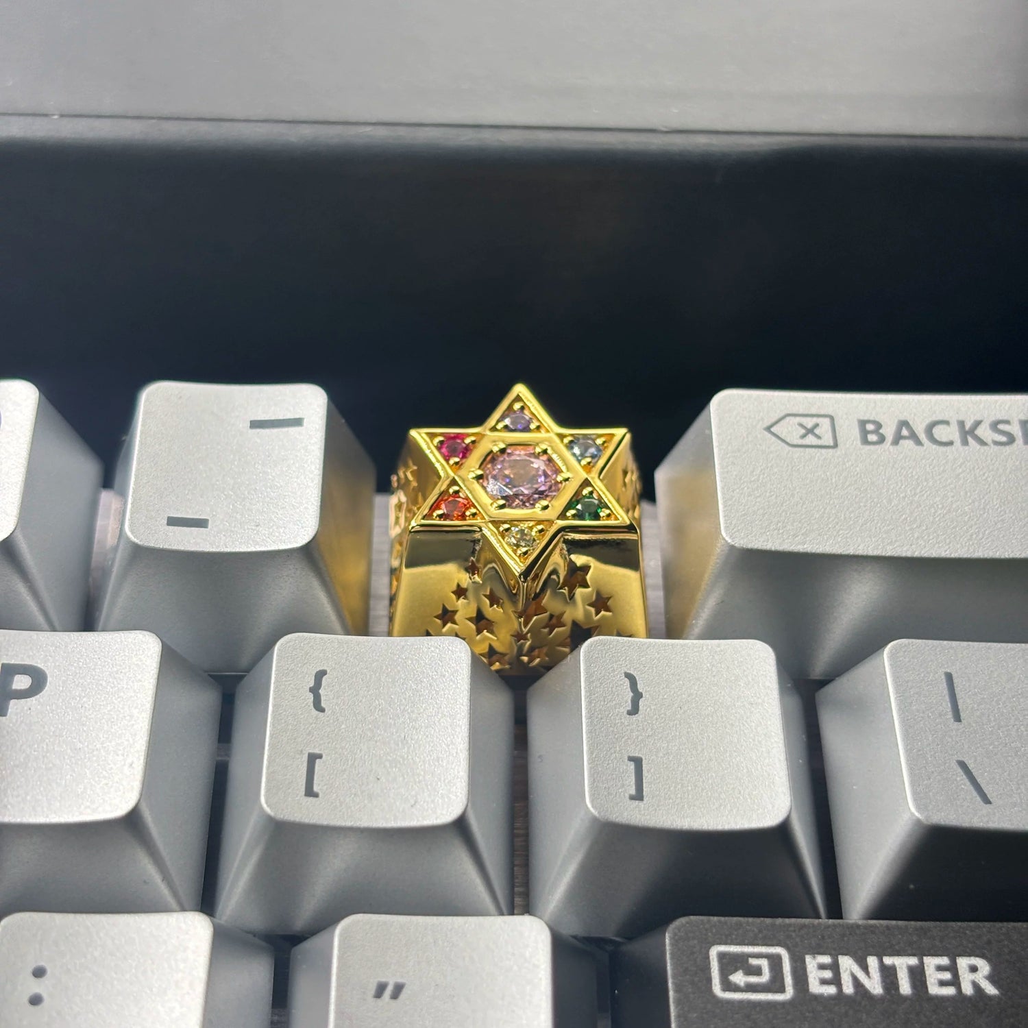 Hexagonal star, multi-color gemstone inlay, 925 sterling silver personalized keycap, hollowed out design mechanical keyboard metal decorative keycap