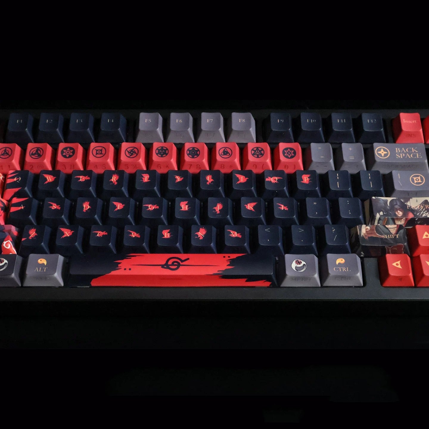 NARUTO，Uchiha Itachi theme, PBT material personalized keycaps, mechanical keyboard replacement keycap set, anime and game cultural and creative keycaps set, Compatible with 61/64/68/75/84/87/104 Key Mechanical Keyboard Keycap Set