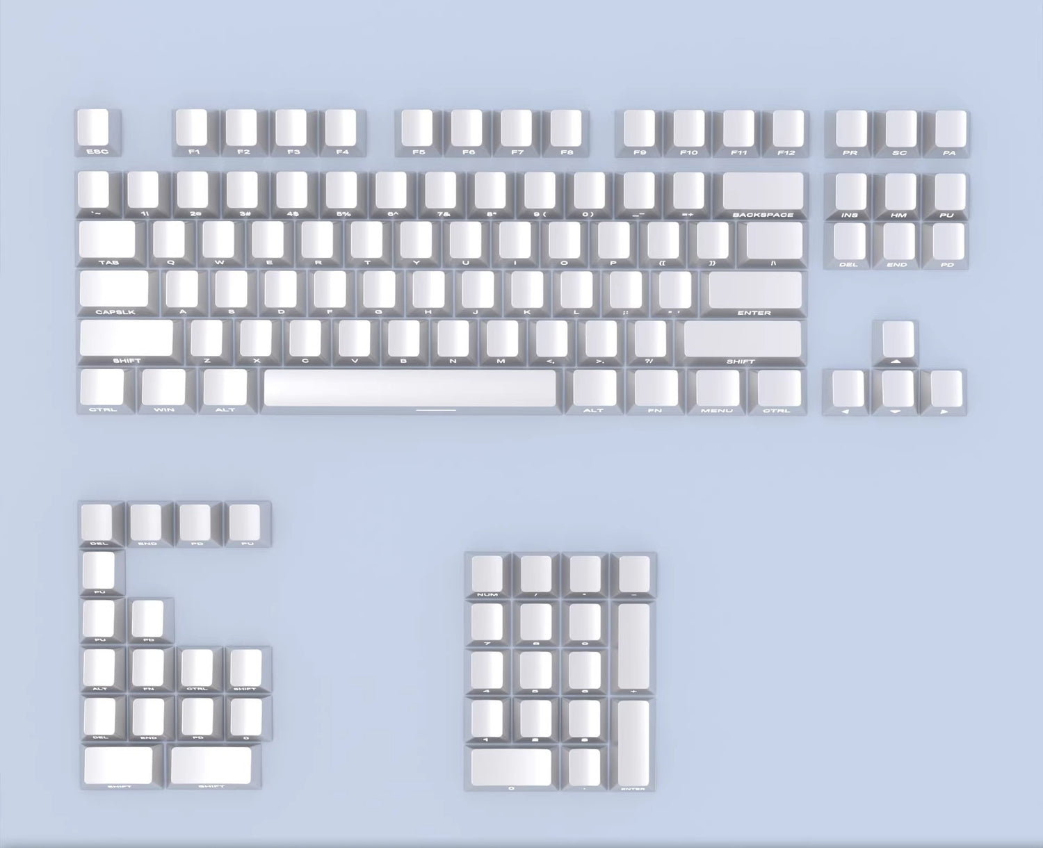 Metallic paint silver solid color simple side engraved letter set keycap mechanical keyboard keycap blue and white color original factory height PBT material decorative keycap set