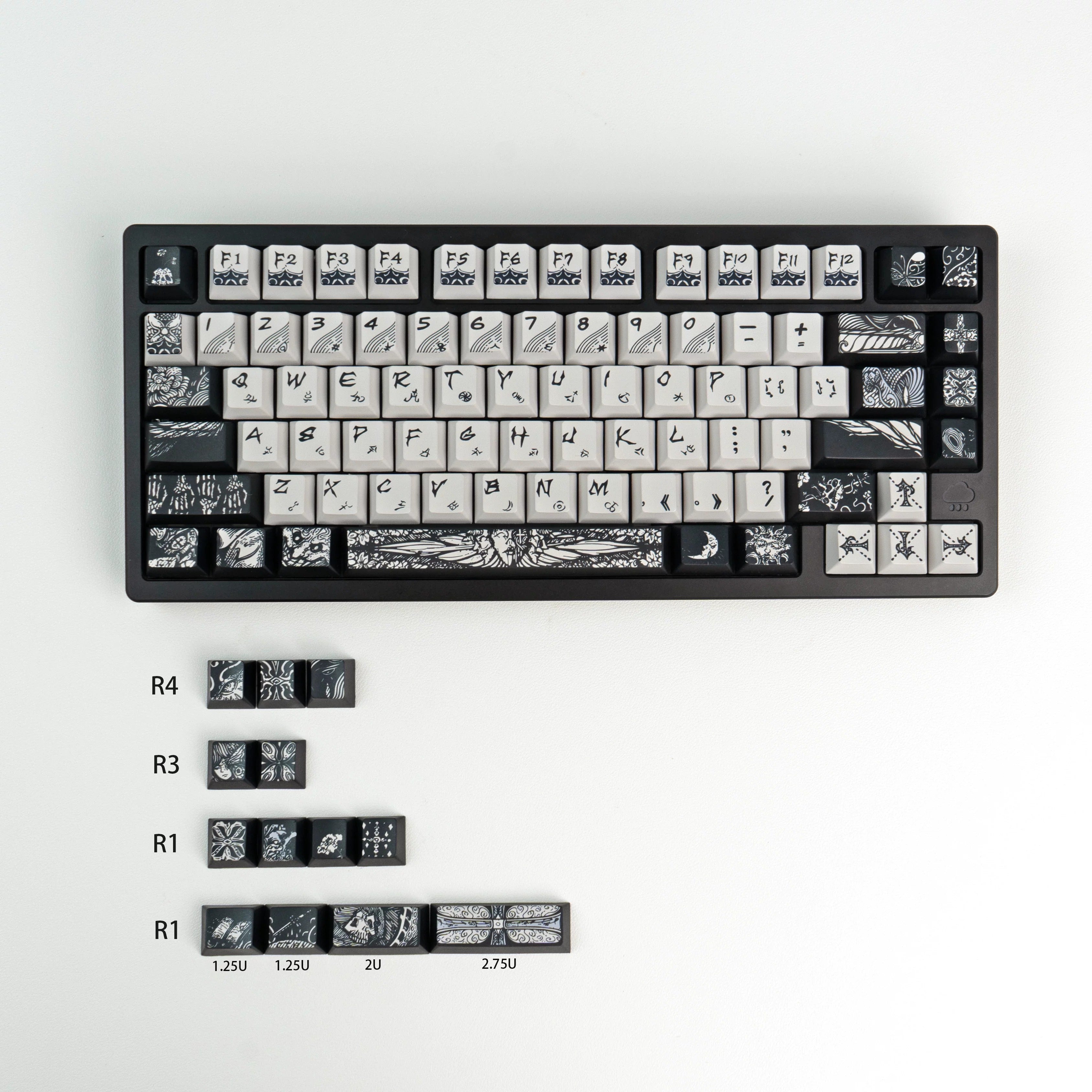 Fallen angel themed design, metallic matte texture PBT material personalized keycap set,  cultural creative decoration keycap set, compatible with 61/64/68/75/84/87/104 mechanical keyboard