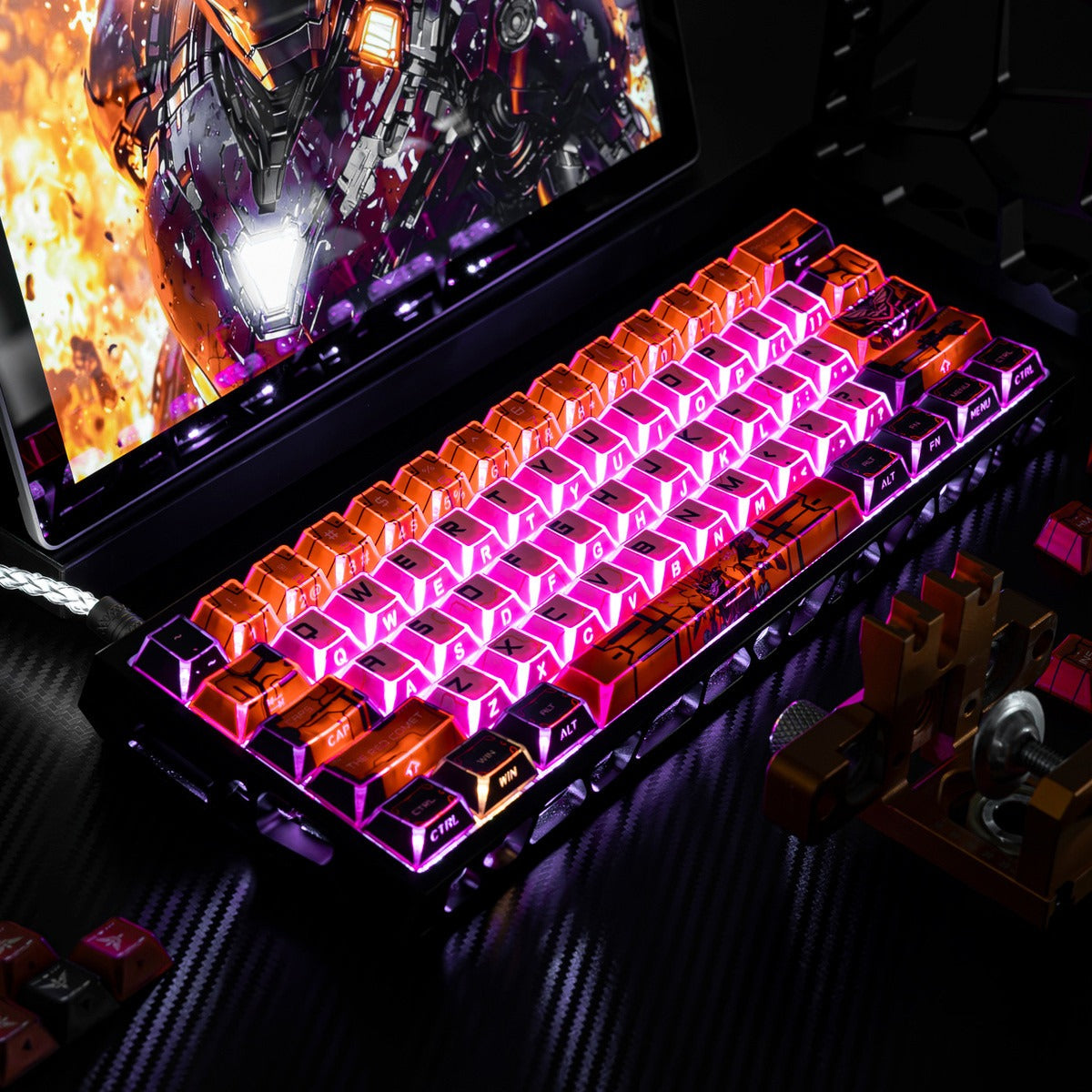 Gundam Theme Series Design Creative Set Keycaps, Light and Shadow Transparent, Folding Transparent Effect personalized keycap set, mechanical keyboard fashionable trend keycap compatible with 61/64/68/75/84/87/104 key mechanical keyboard
