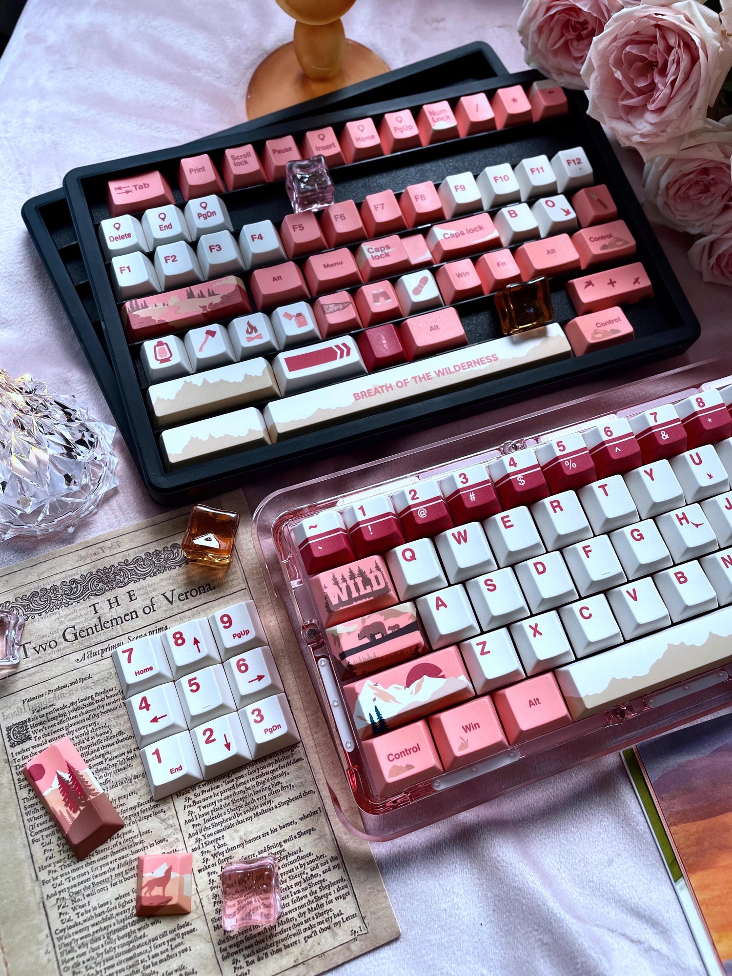 Personalized keycap set with Twilight Wilderness theme, featuring a red main tone and original high PBT material for personalized customization of mechanical keyboard keycaps