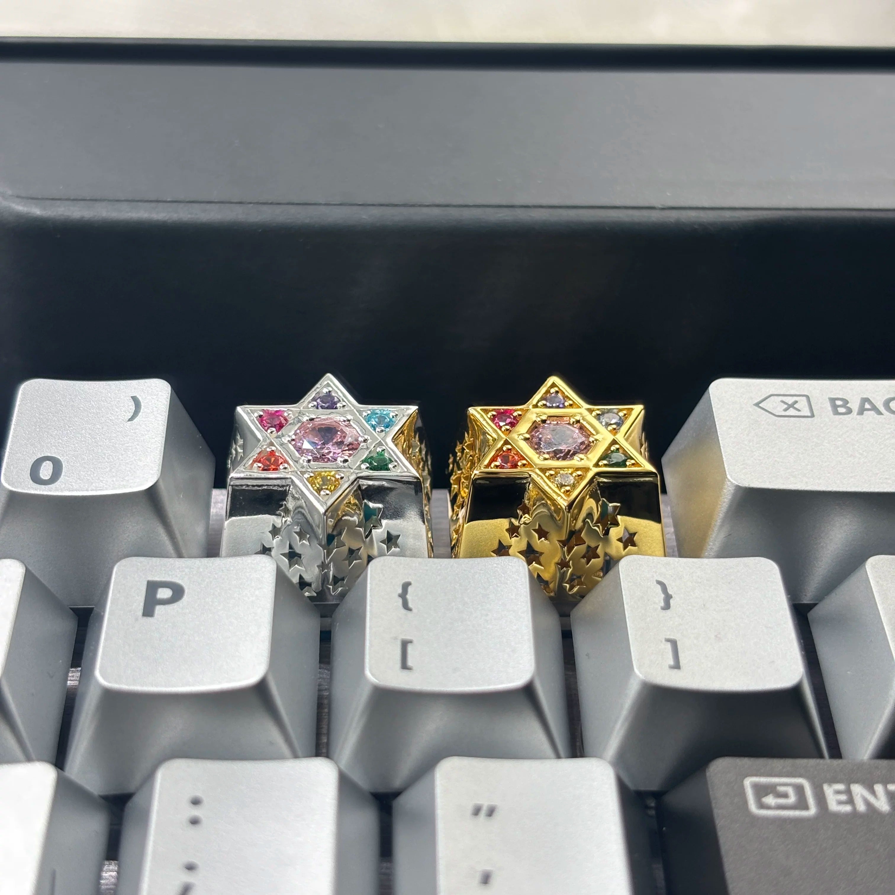 Hexagonal star, multi-color gemstone inlay, 925 sterling silver personalized keycap, hollowed out design mechanical keyboard metal decorative keycap