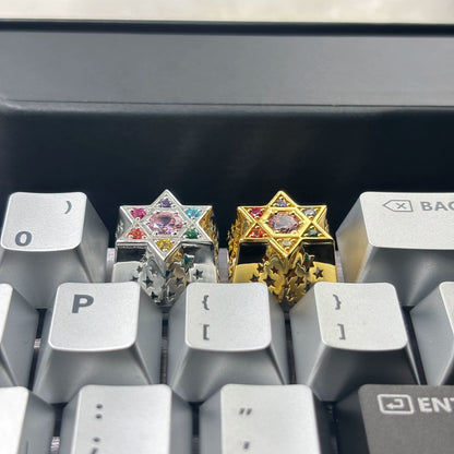 Hexagonal star, multi-color gemstone inlay, 925 sterling silver personalized keycap, hollowed out design mechanical keyboard metal decorative keycap