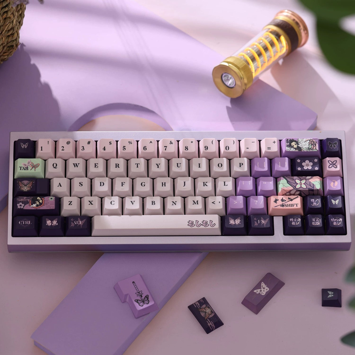 Demon Slayer: Kimetsu no Yaiba series, Kochou Shinobu theme, original high PBT material keycaps, full five sided thermal sublimation process mechanical keyboard custom set keycaps