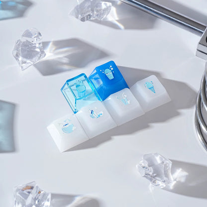 Ocean View theme design. PC semi transparent material personalized key cap set, blue ocean themed cultural creative decorative keycaps, compatible with 61/64/68/75/84/87/104 key mechanical keyboard