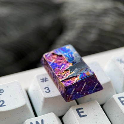 Starry Sky Cat Series, Purple Starry Sky Meteor Theme Titanium Alloy Hand Carved Titanium Alloy Personalized Keycaps, Fairy Tale Creative Decorative Keycaps Metal Art Keycaps
