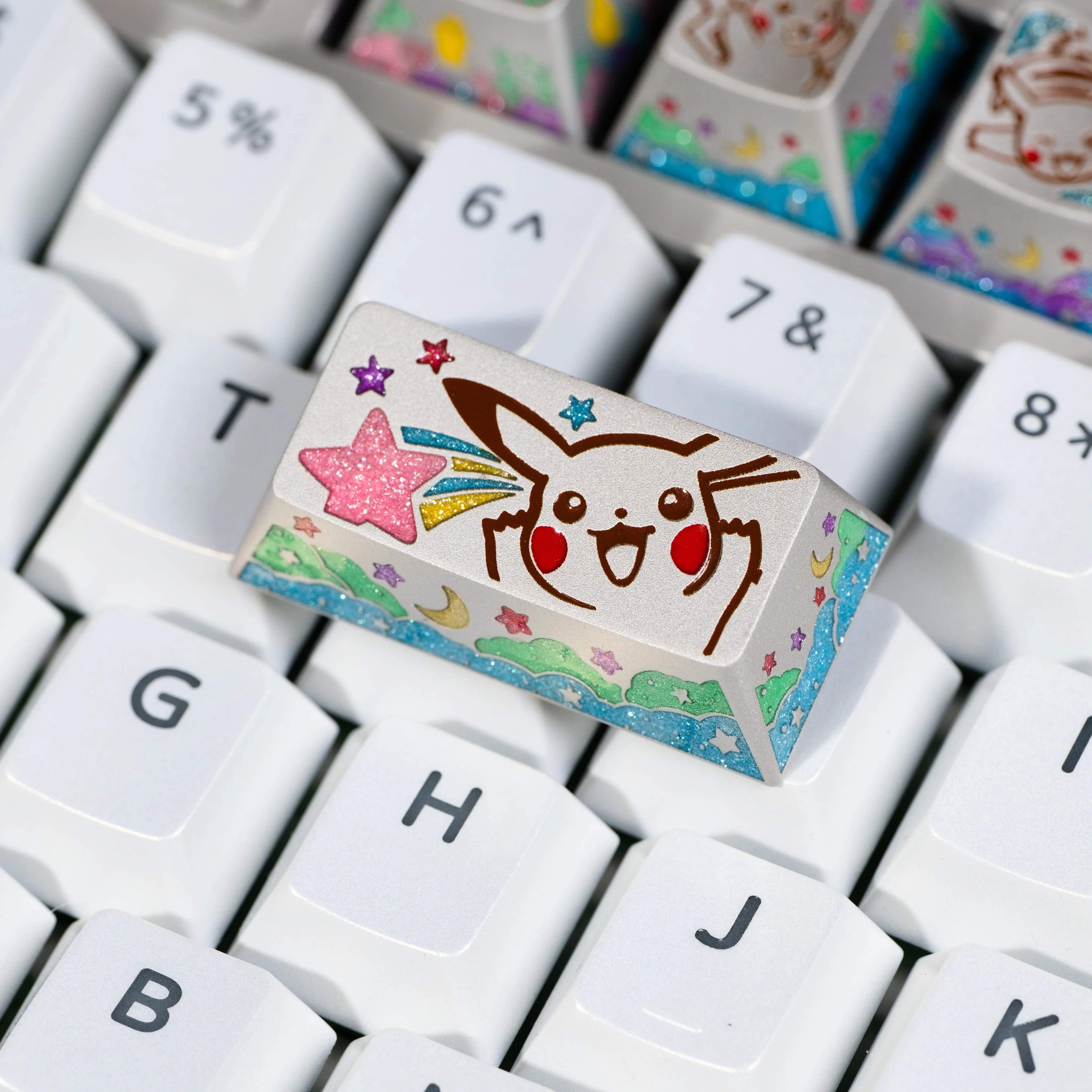 Pok é mon series, Pikachu themed design, keycaps made of aluminum alloy material CNC integrated precision machining personalized keycaps, mechanical keyboard decorative keycaps