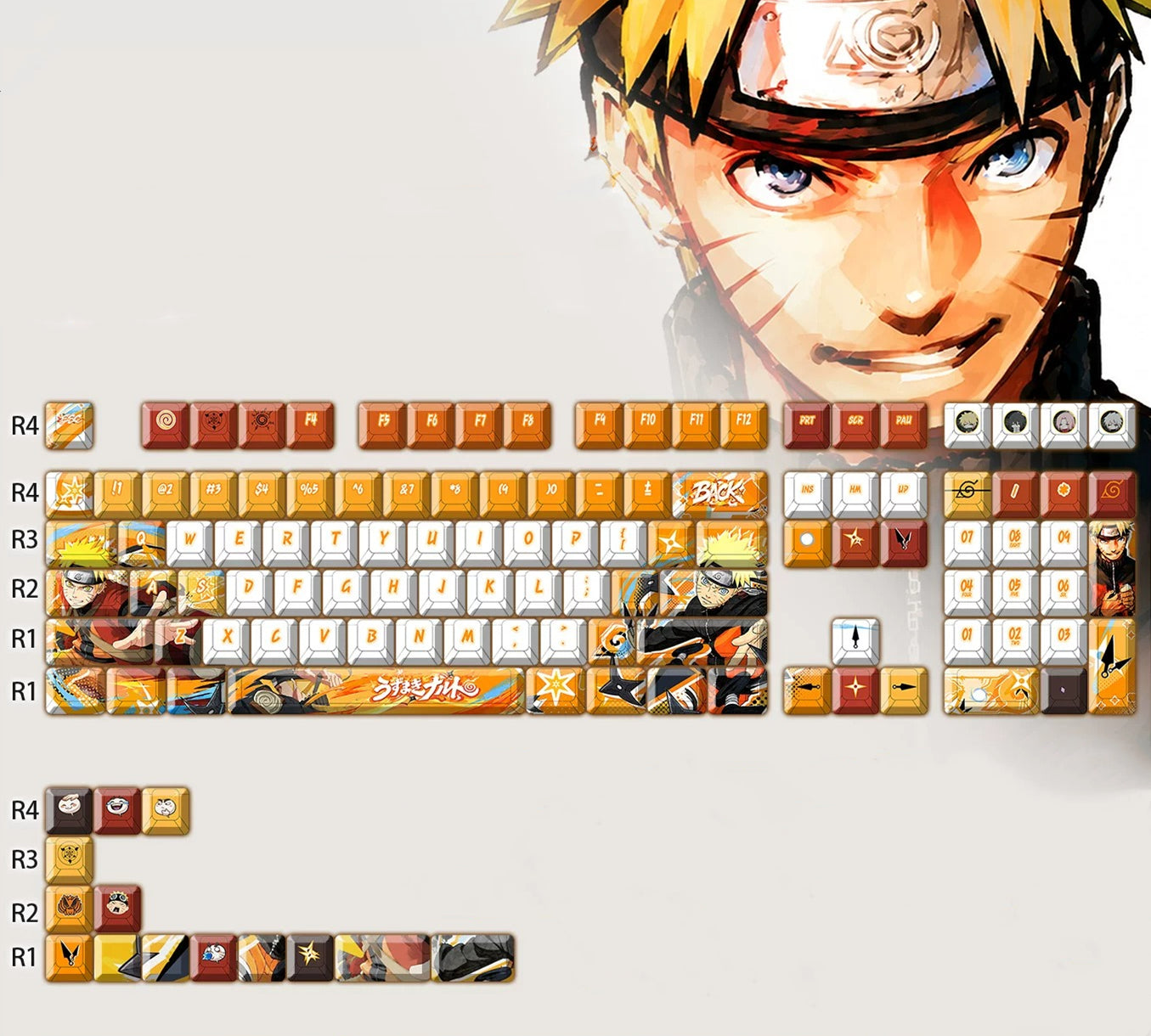 Naruto, Uzumaki Naruto theme, PBT material personalized keycap set, anime keycap culture peripheral mechanical keyboard decoration keycaps， Compatible with 61/64/68/75/84/87/104 key mechanical keyboard keycap set