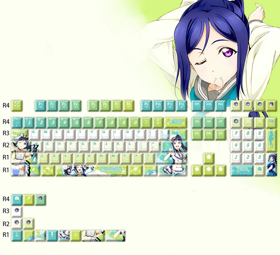 Lovelive!Sunshine!!，Kanan Matsuura theme, PBT material personalized keycap set, anime keycap culture peripheral mechanical keyboard decoration keycaps， Compatible with 61/64/68/75/84/87/104 key mechanical keyboard keycap set