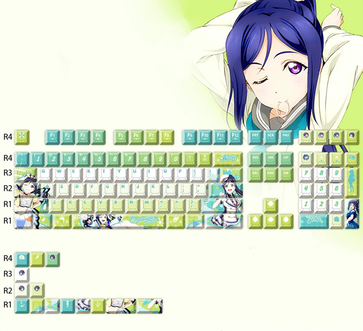 Lovelive!Sunshine!!，Kanan Matsuura theme, PBT material personalized keycap set, anime keycap culture peripheral mechanical keyboard decoration keycaps， Compatible with 61/64/68/75/84/87/104 key mechanical keyboard keycap set