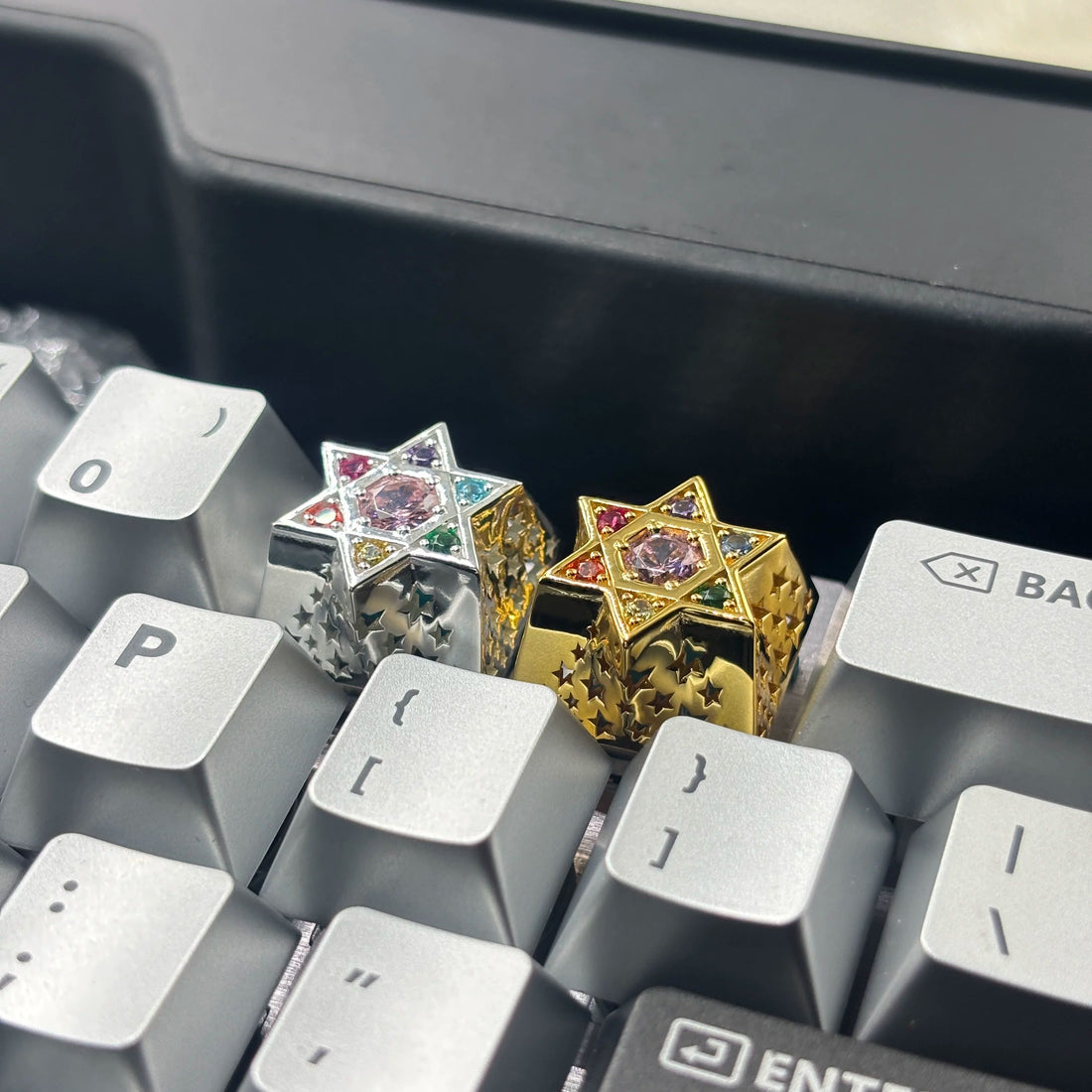 Hexagonal star, multi-color gemstone inlay, 925 sterling silver personalized keycap, hollowed out design mechanical keyboard metal decorative keycap