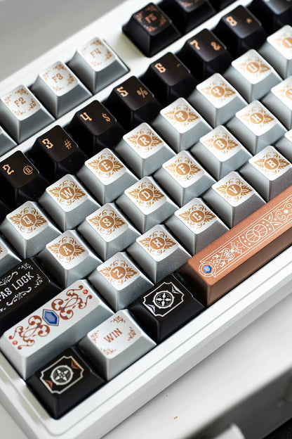 Metallic paint texture gilded design art keycaps, custom set personalized keycap series，PBT material, Original factory height, compatible with 61/64/68/75/84/87/104 mechanical keyboard keycap set