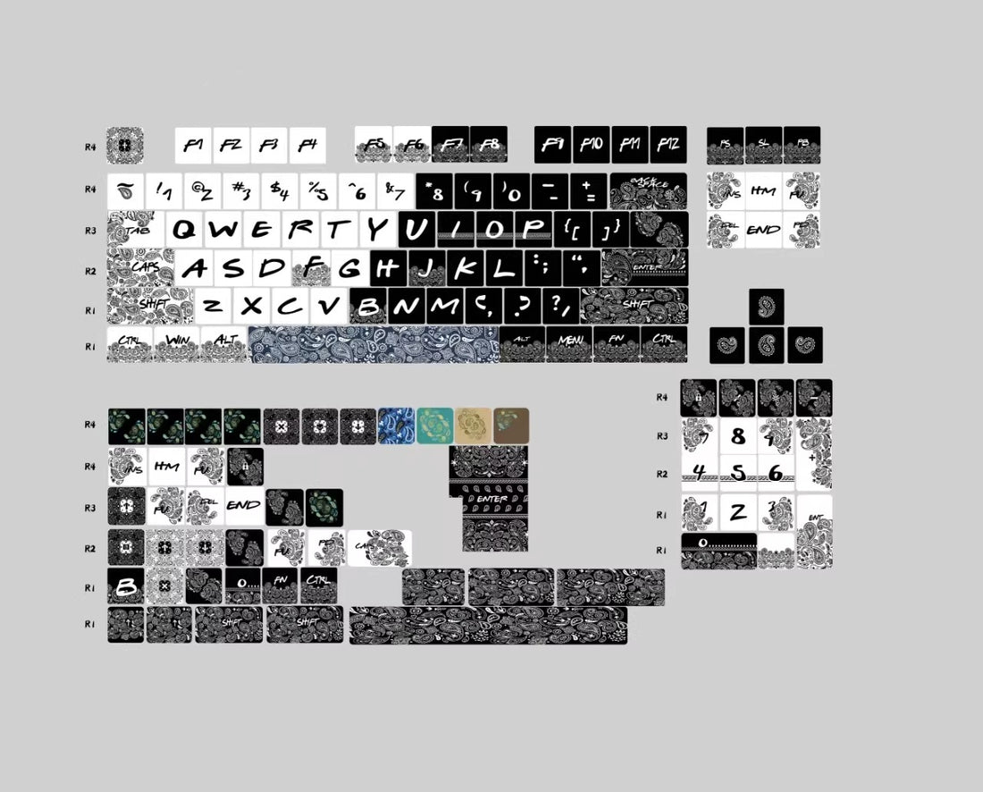 Paisley pattern, black and white dual color matching custom set personalized keycap series, PBT material, compatible with 61/64/68/75/84/87/104 mechanical keyboard keycap set