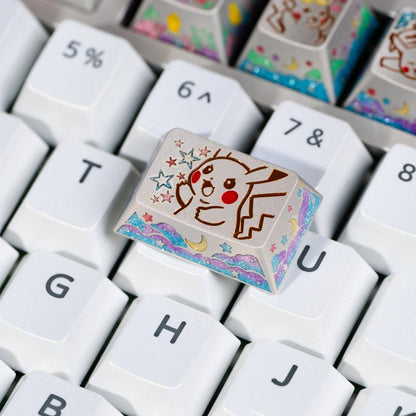 Pok é mon series, Pikachu themed design, keycaps made of aluminum alloy material CNC integrated precision machining personalized keycaps, mechanical keyboard decorative keycaps
