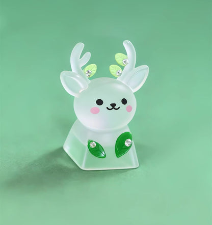 Original Forest Deer Keycap Resin Personalized Keycap Mist White/Light Green Mist Surface Half Transparent Hand Drilled/Hand drawn Deer Horn Leaves