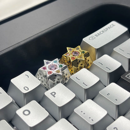 Hexagonal star, multi-color gemstone inlay, 925 sterling silver personalized keycap, hollowed out design mechanical keyboard metal decorative keycap