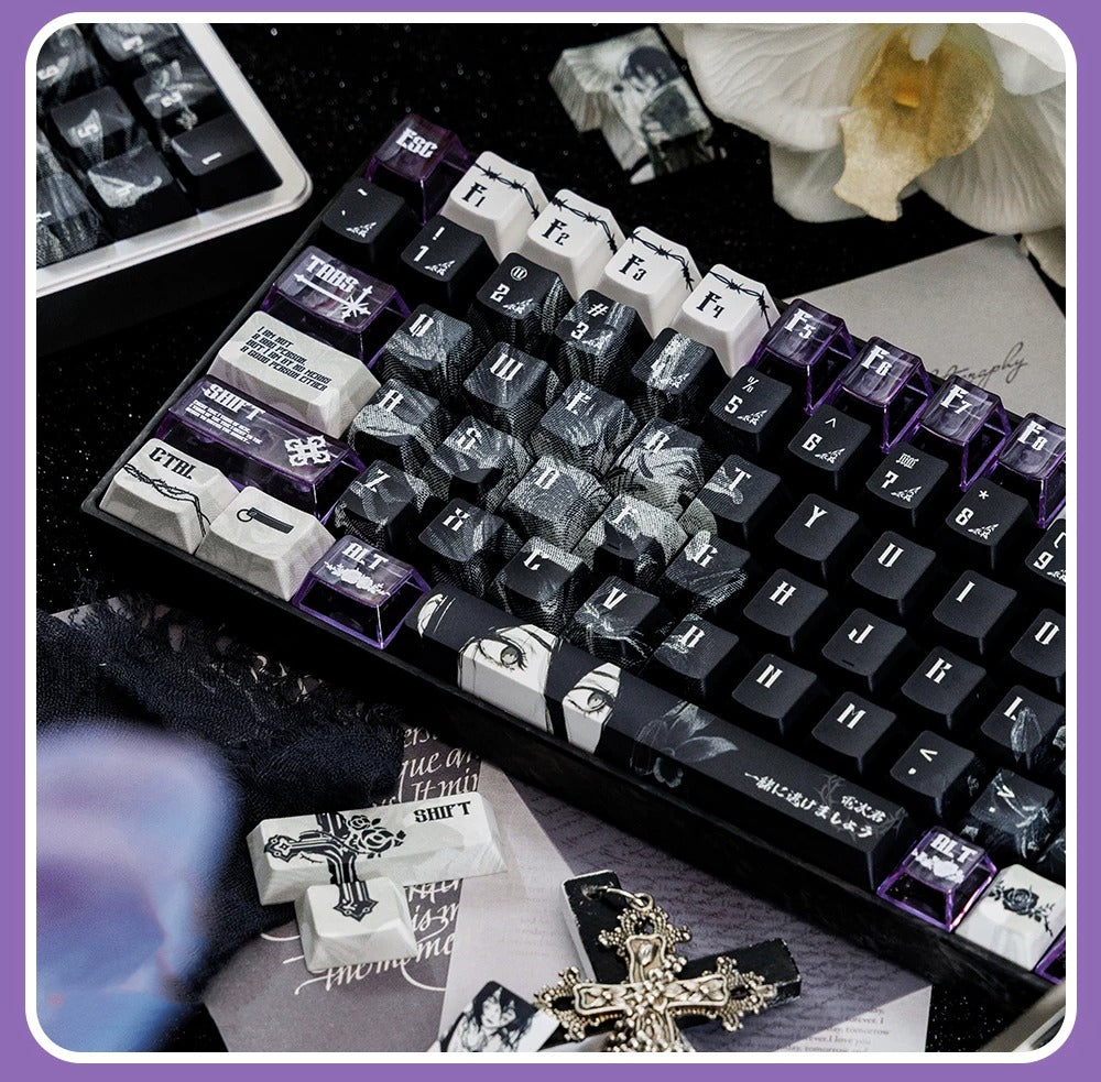 Chainsaw Man theme, Reze Arc，PBT+PC material personalized keycap set, anime keycap culture peripheral mechanical keyboard decoration keycaps， Compatible with 61/64/68/75/84/87/104 key mechanical keyboard keycap set