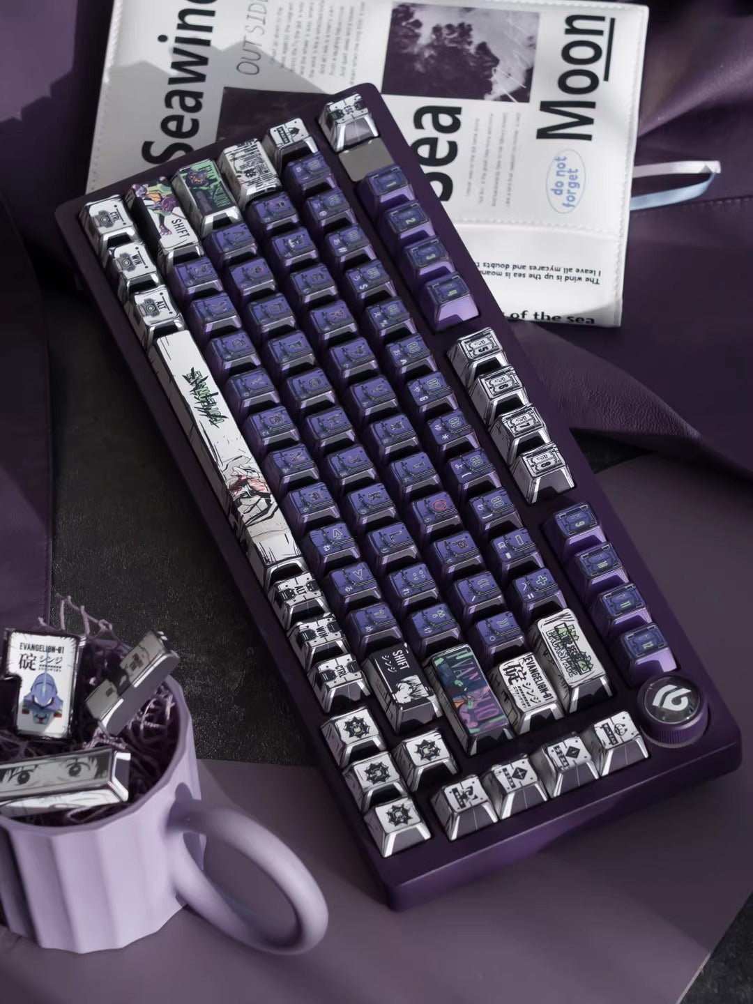 EVA series, EVANGELION-01 theme, comic style PBT keycap with folded edges and transparent five sided heat sublimation mechanical keyboard decoration keycap, compatible with 61/64/68/75/84/87/104 key mechanical keyboard keycap set