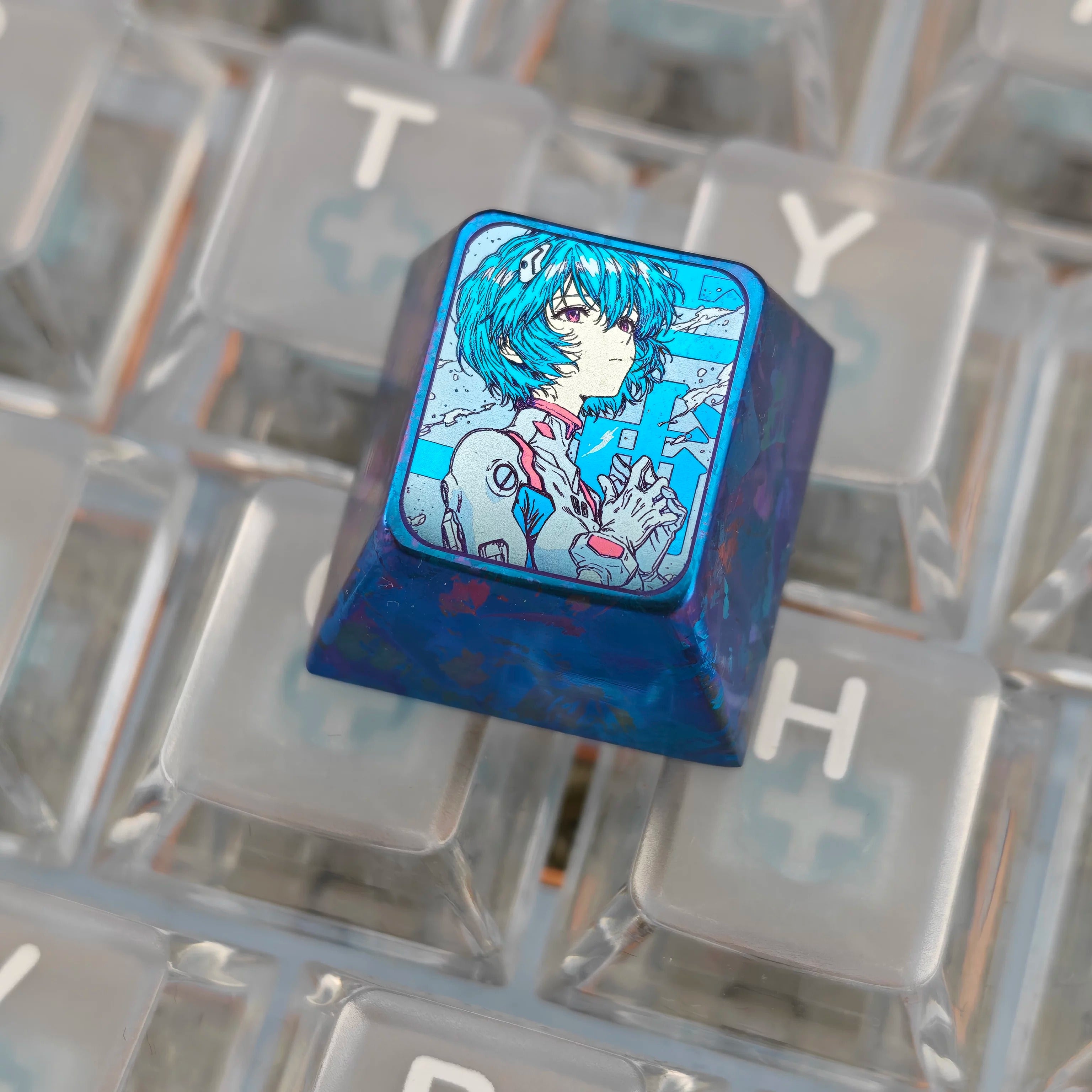 EVA, Ayanami Rei Theme Design, 1 U titanium alloy metal personalized keycaps, anime oil painting cultural creative keycaps, mechanical keyboard artistic decorative keycaps