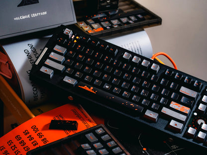 Fire melt flow black dark silver gray light orange V-series texture metallic paint volcano theme original factory mechanical keycap PBT material material personalized keycap set, compatible with 61/64/68/75/84/87/104 mechanical keyboard replacement keycap