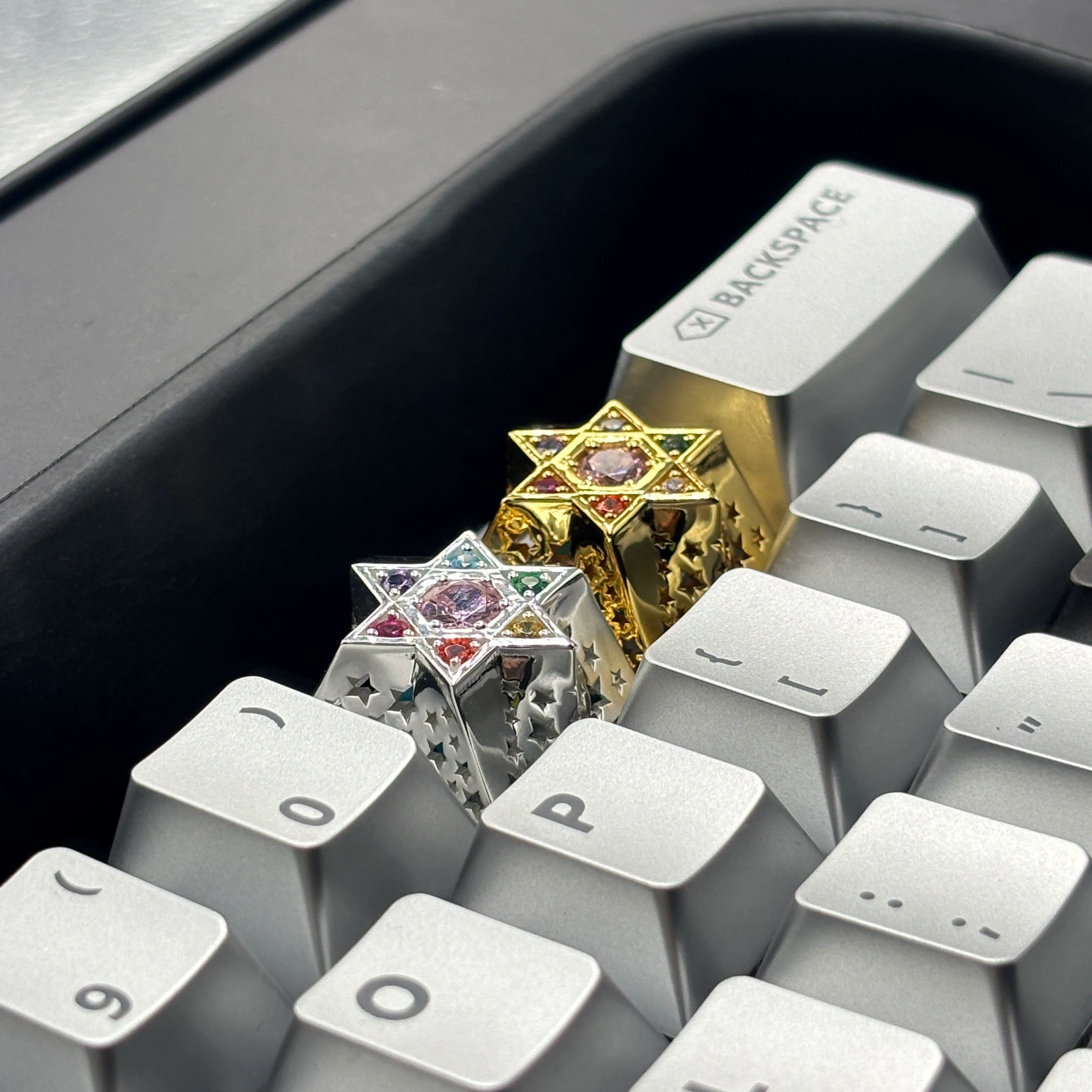 Hexagonal star, multi-color gemstone inlay, 925 sterling silver personalized keycap, hollowed out design mechanical keyboard metal decorative keycap