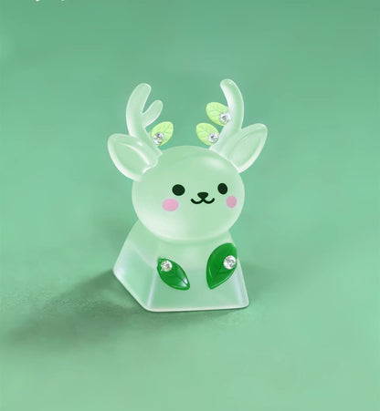 Original Forest Deer Keycap Resin Personalized Keycap Mist White/Light Green Mist Surface Half Transparent Hand Drilled/Hand drawn Deer Horn Leaves