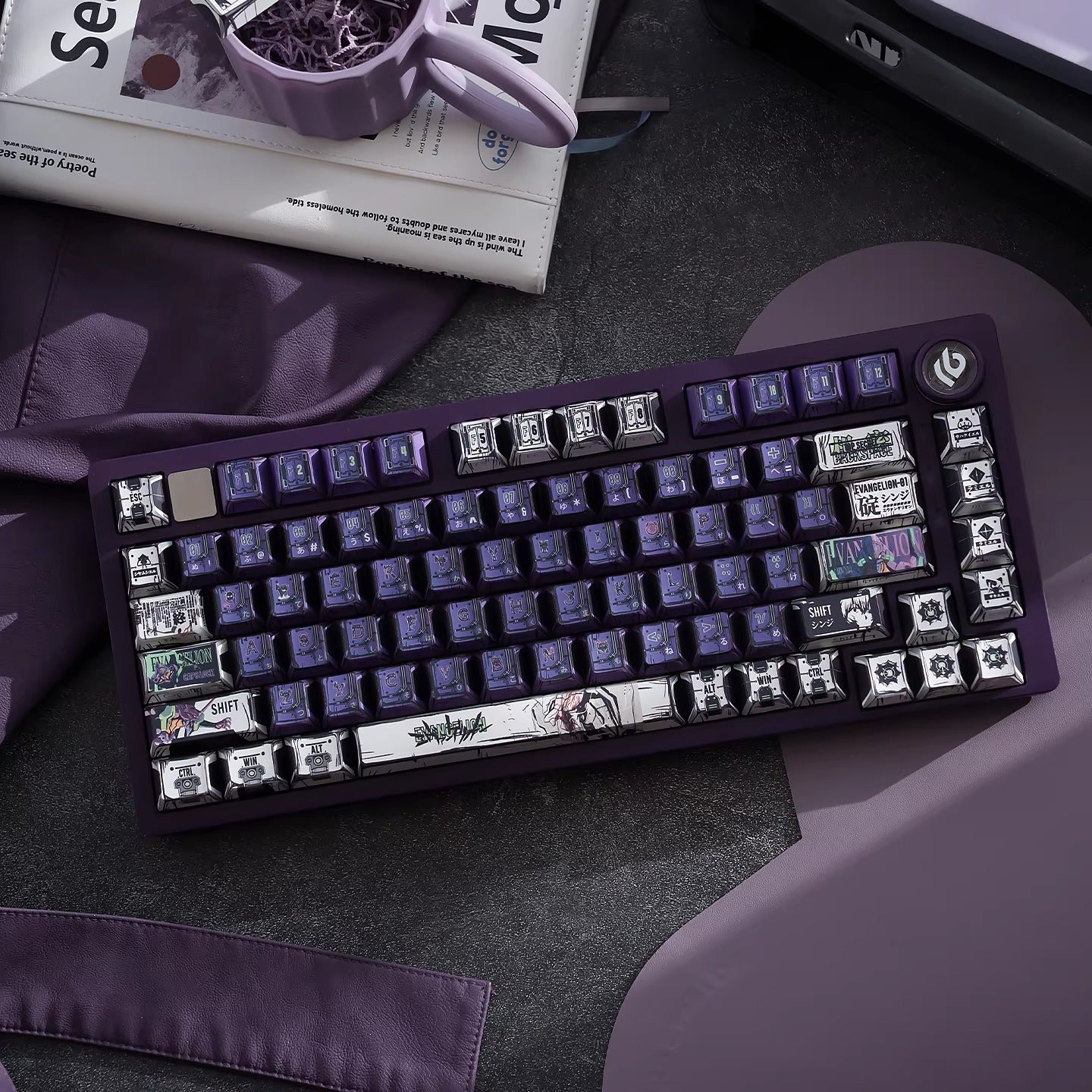EVA series, EVANGELION-01 theme, comic style PBT keycap with folded edges and transparent five sided heat sublimation mechanical keyboard decoration keycap, compatible with 61/64/68/75/84/87/104 key mechanical keyboard keycap set