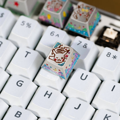 Pok é mon series, Pikachu themed design, keycaps made of aluminum alloy material CNC integrated precision machining personalized keycaps, mechanical keyboard decorative keycaps