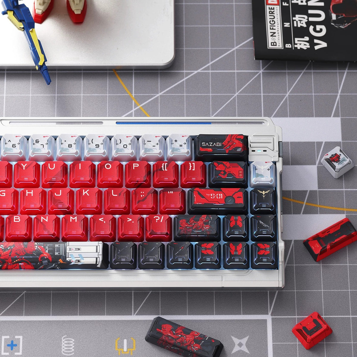 Gundam‌， SAZABI，MSN-04, There are two versions: opaque and semi transparent personalized keycaps, mechanical keyboard replacement keycap set, anime and game cultural and creative keycaps set,61/64/68/75/84/87/104 Key Mechanical Keyboard Keycap Set