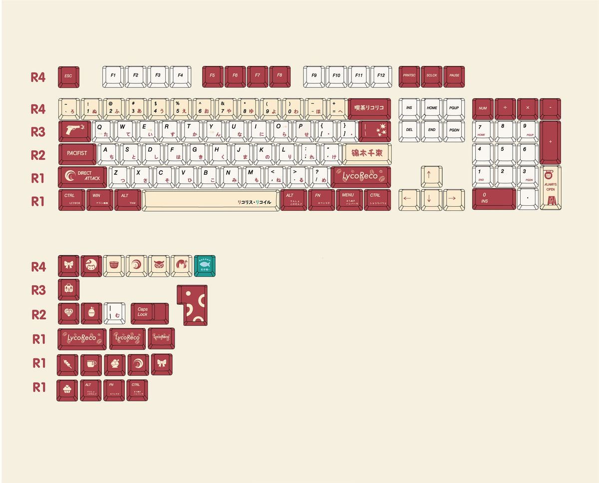 Nishikigi Chisato, Lycoris Recoil Theme PBT material personalized key cap set, animation game culture creative decoration key cap set, compatible with 61/64/68/75/84/87/104 key mechanical keyboard