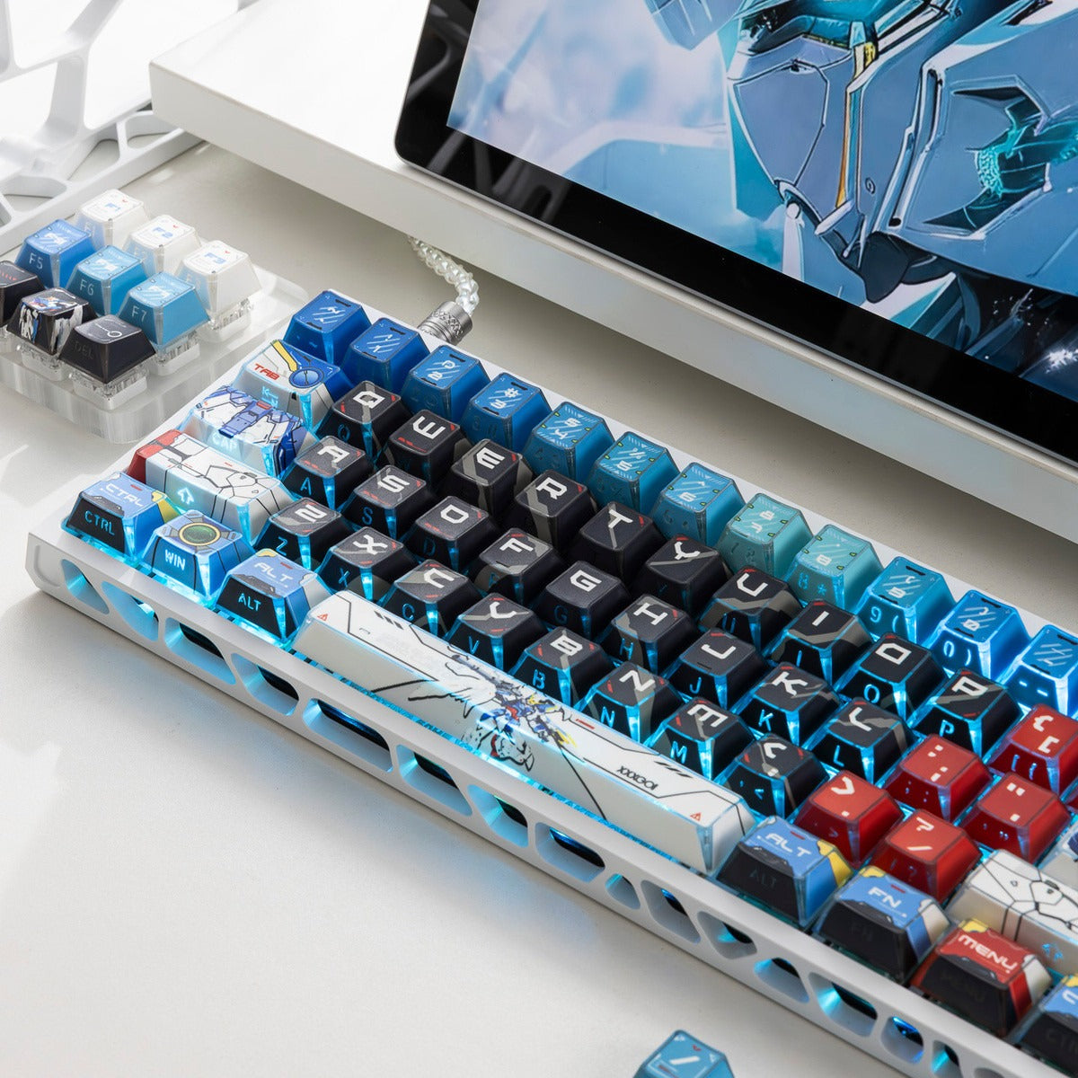 Gundam Theme Series Design Creative Set Keycaps, Light and Shadow Transparent, Folding Transparent Effect personalized keycap set, mechanical keyboard fashionable trend keycap compatible with 61/64/68/75/84/87/104 key mechanical keyboard