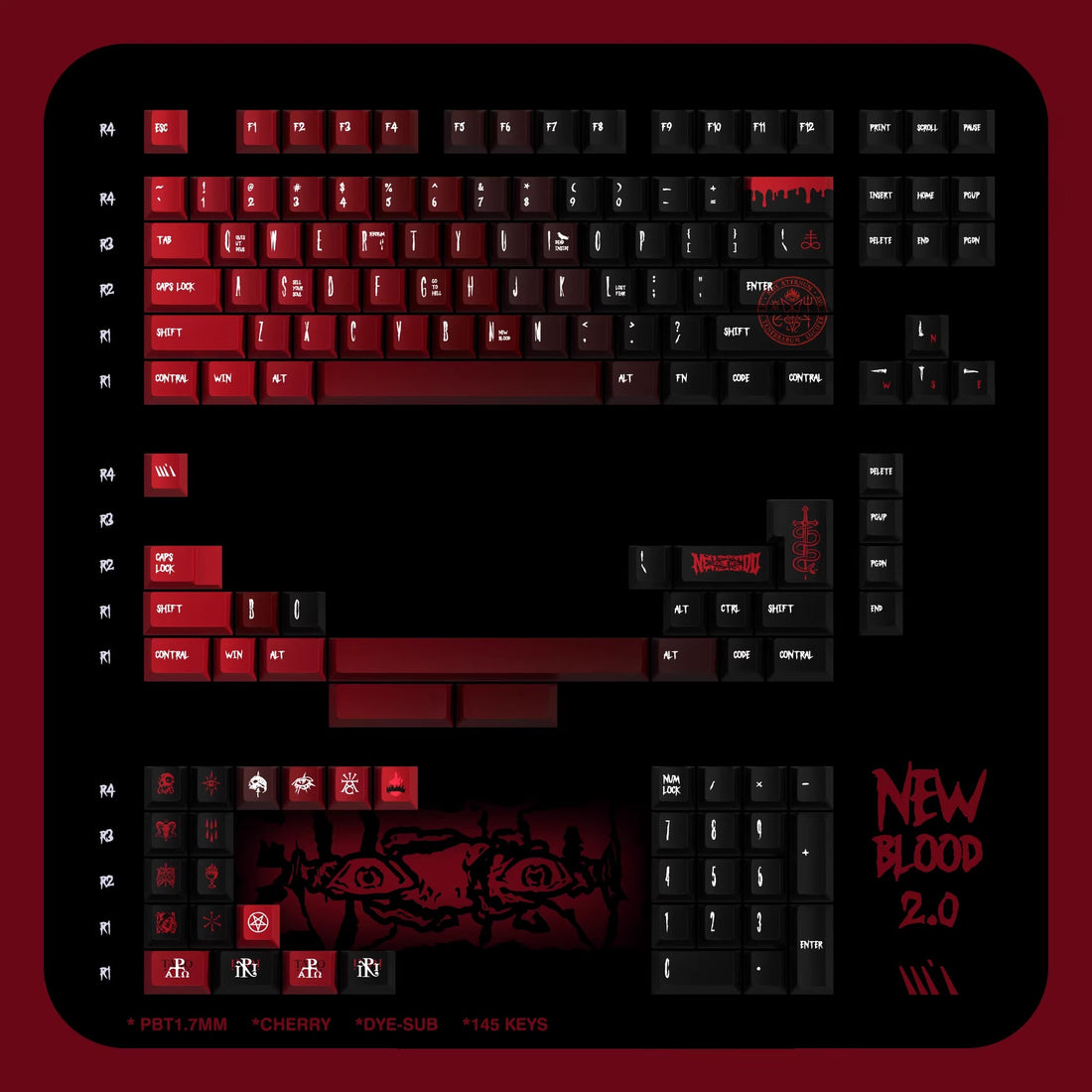 Original Gradient Keycap - Fresh Blood 2.0 Version 145 Key Original PBT Five sided Heat Sublimation Red and Black Theme Color Personalized Keycap Set