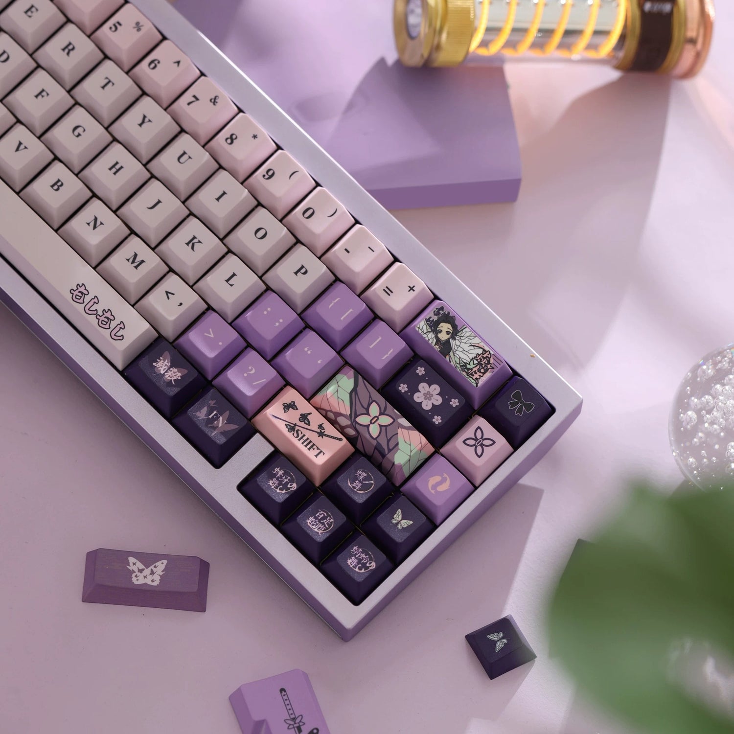Demon Slayer: Kimetsu no Yaiba series, Kochou Shinobu theme, original high PBT material keycaps, full five sided thermal sublimation process mechanical keyboard custom set keycaps