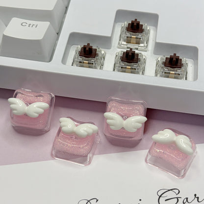 Cute wing resin personalized keycap directional key set, white wing shaped creative keycap, mechanical keyboard decorative keycap