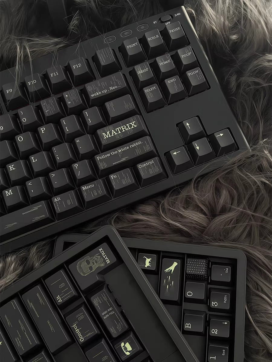 The Matrix Theme personalized keycap set, made of PBT material and featuring five sided heat sublimation technology keycaps with original factory height