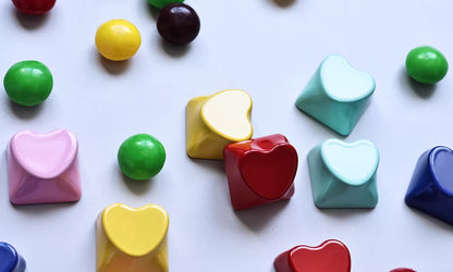 heart shape aluminum alloy keycaps, metal shaped personalized keycaps, metal baked paint, CNC machining, customized mechanical keyboard decoration keycaps