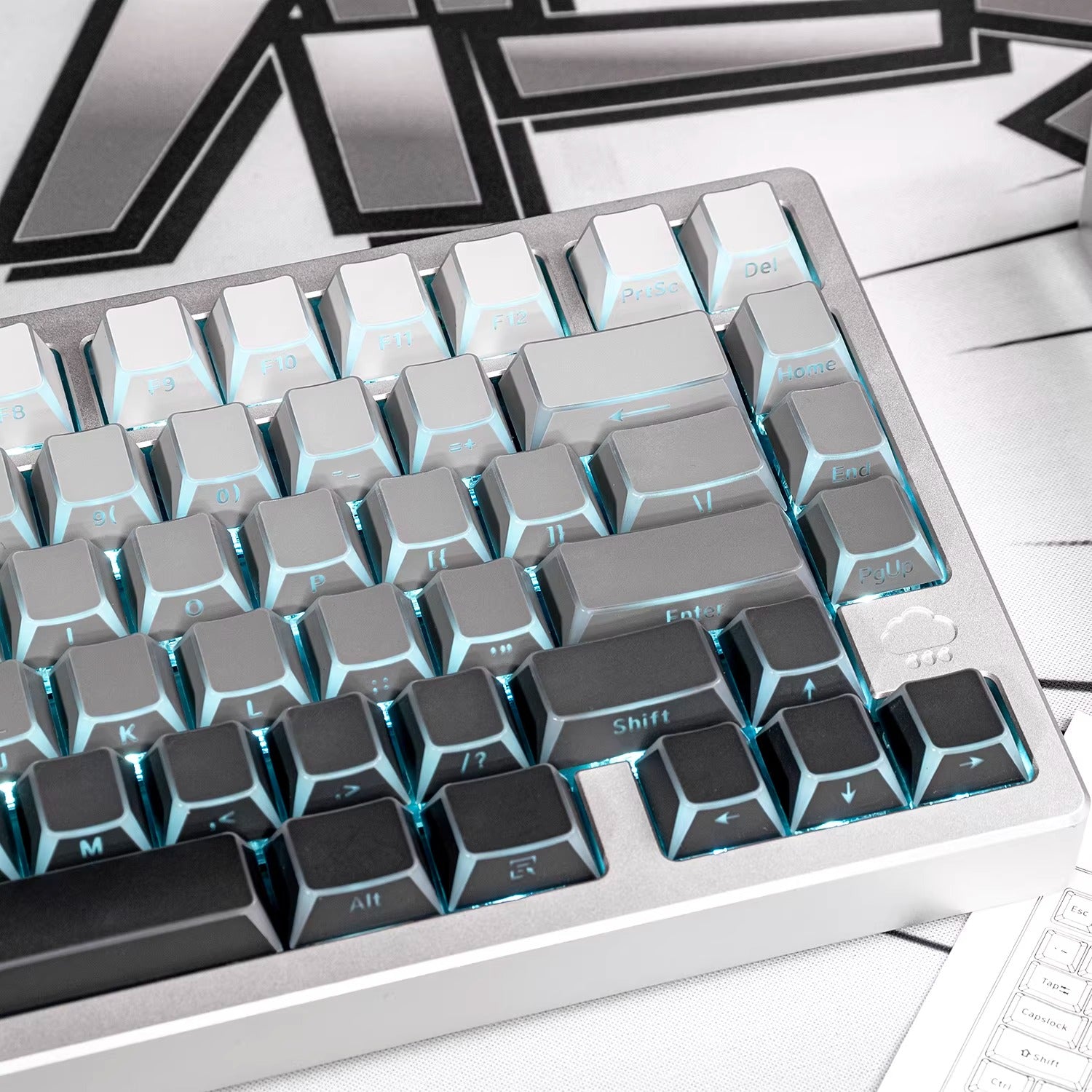 Black/white/gray gradient folded edges, transparent side engraved keyboard keycaps, customized PBT two-color injection molding