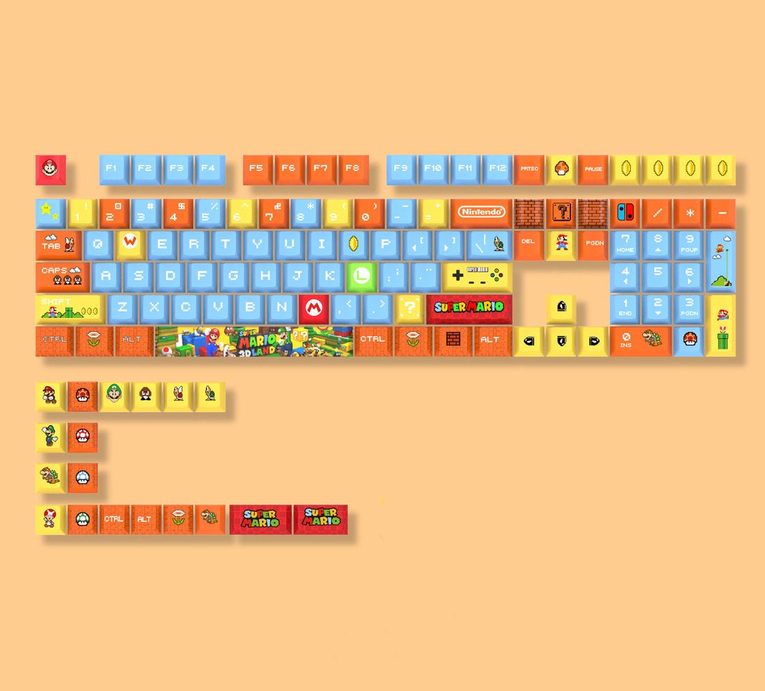 Super Mario themed design, PBT material, sublimation craftsmanship, personalized keycaps, mechanical keyboard decorative art keycaps