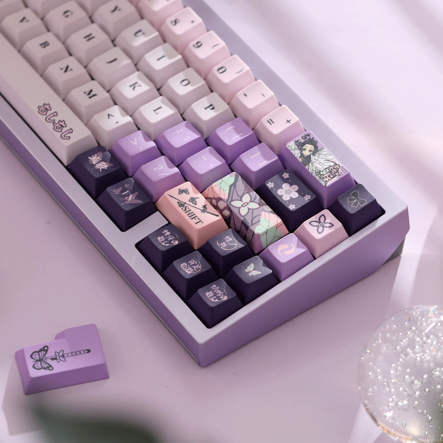 Demon Slayer: Kimetsu no Yaiba series, Kochou Shinobu theme, original high PBT material keycaps, full five sided thermal sublimation process mechanical keyboard custom set keycaps