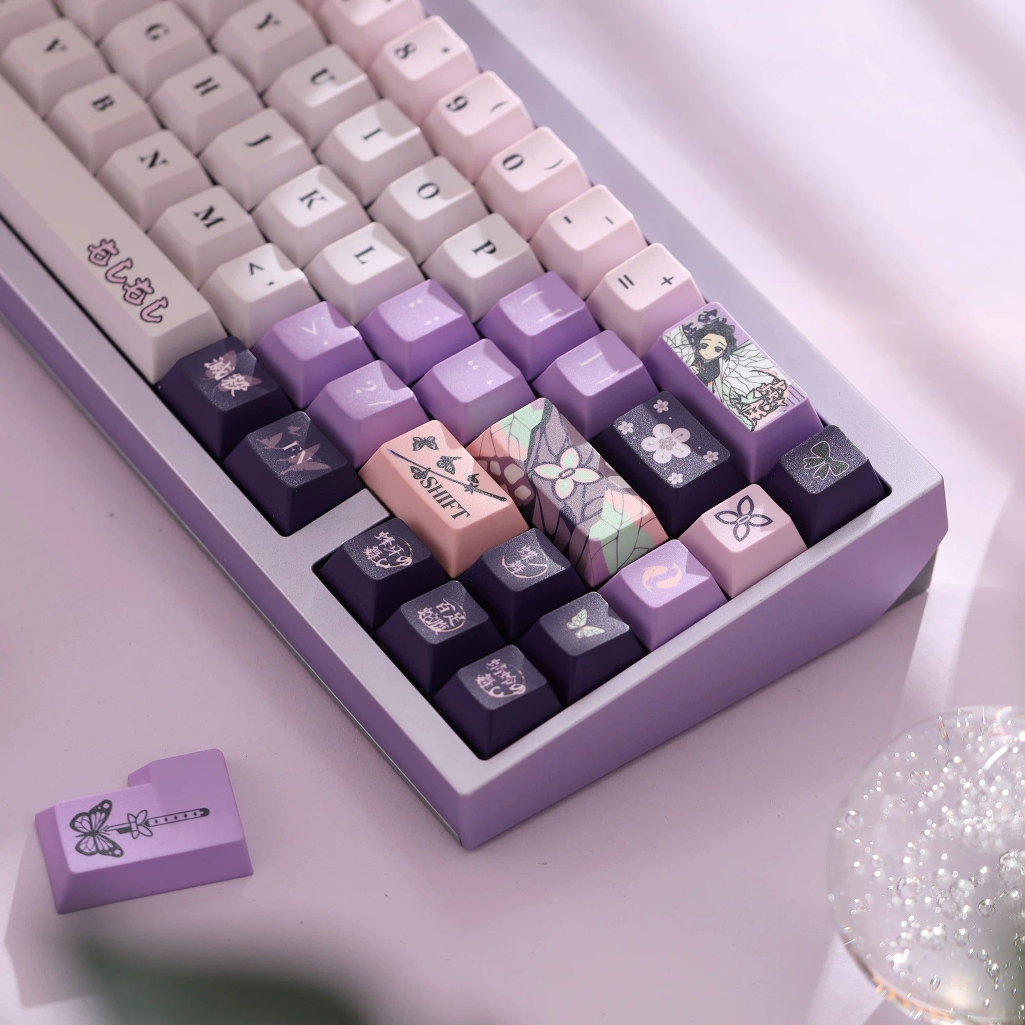 Demon Slayer: Kimetsu no Yaiba series, Kochou Shinobu theme, original high PBT material keycaps, full five sided thermal sublimation process mechanical keyboard custom set keycaps