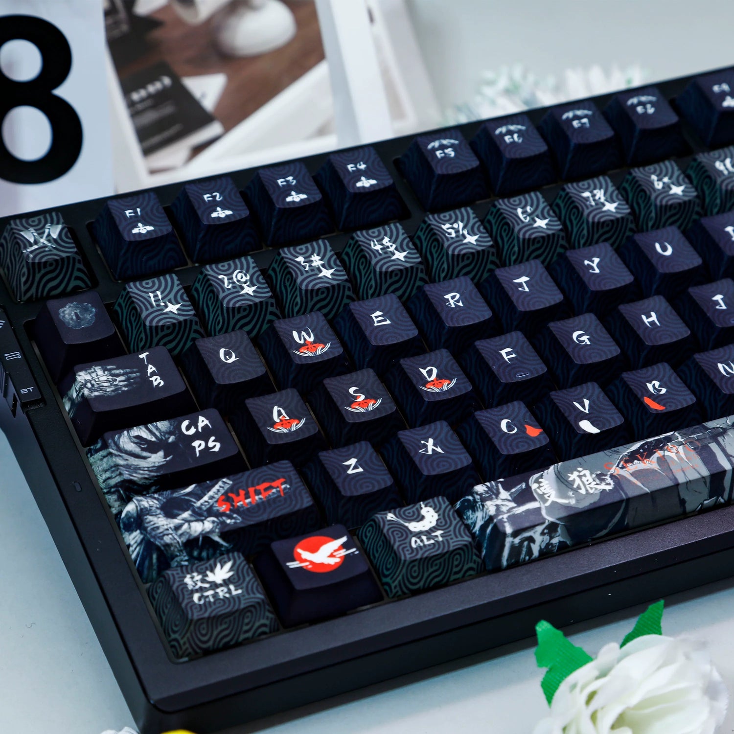Sekiro: Shadows Die Twice theme, PBT material personalized keycap set, anime keycap culture peripheral mechanical keyboard decoration keycaps， Compatible with 61/64/68/75/84/87/104 key mechanical keyboard keycap set