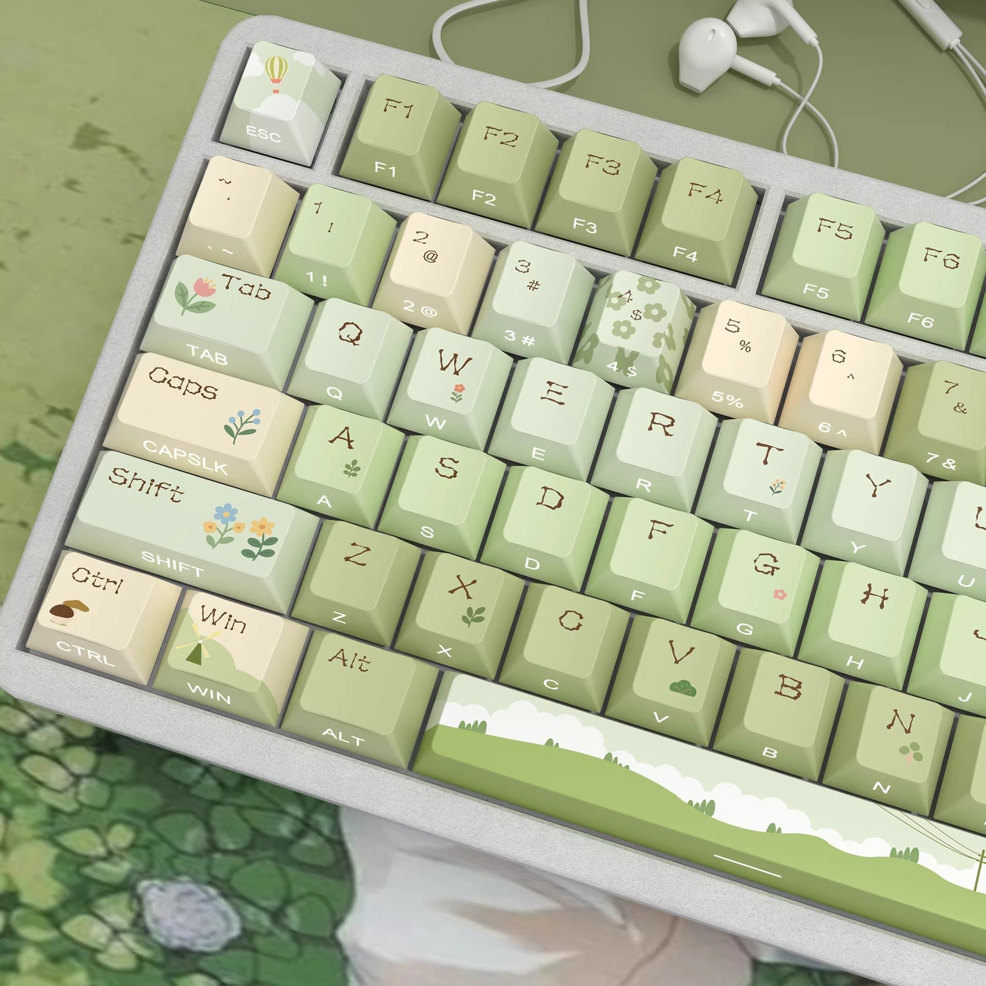 Spring outdoor mountain stream theme design, side engraving, original factory transparent keycaps, complete set of PBT thermal sublimation