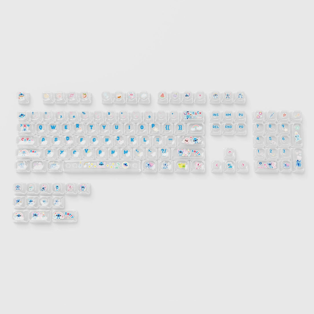 Stitch themed translucent keycaps MOT height PC material UV printing process PC material, pure transparent Original Factory Height,  mechanical keyboard replacement keycap set, Compatible with 61/64/68/75/84/87/104 Key Mechanical Keyboard Keycap Set