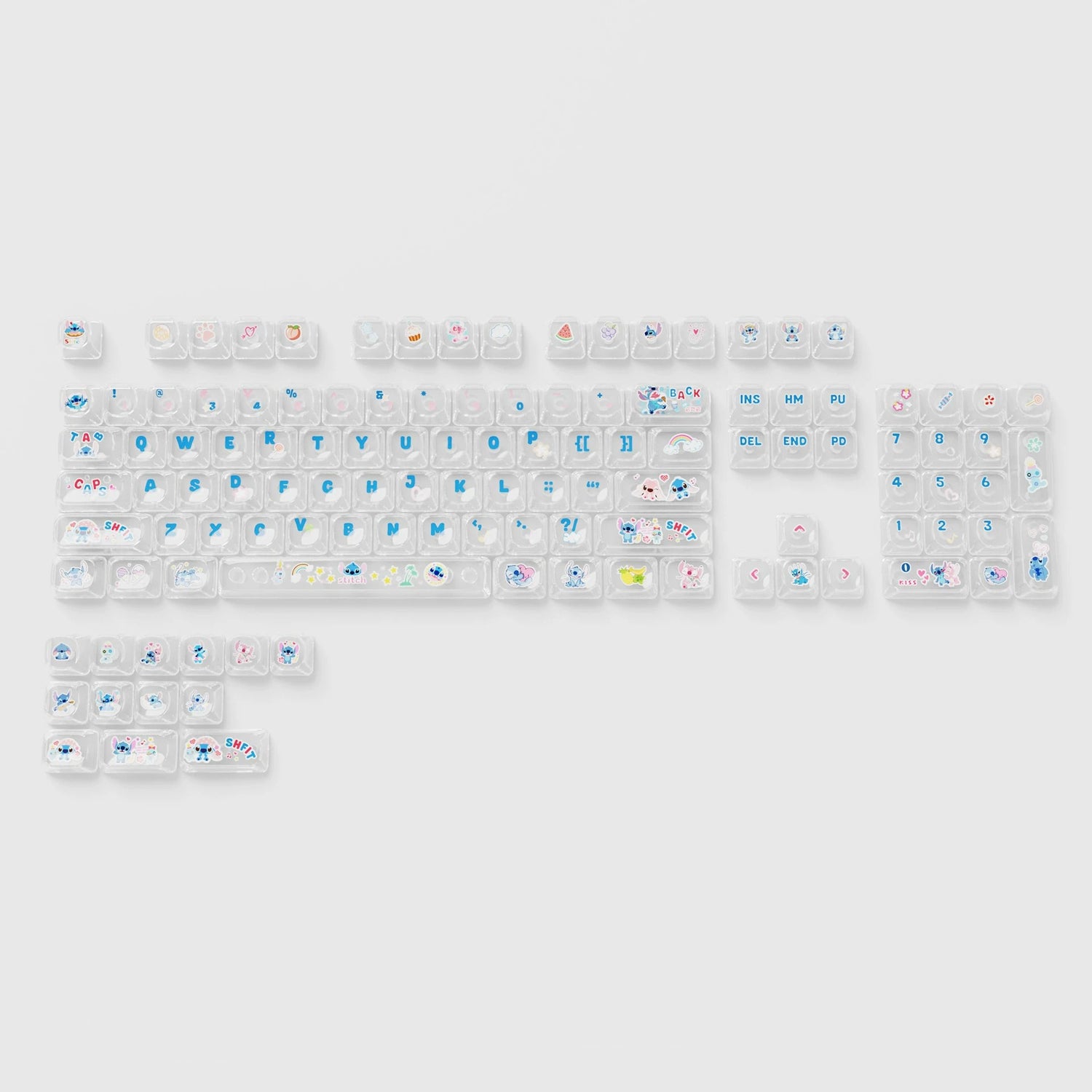 Stitch themed translucent keycaps MOT height PC material UV printing process PC material, pure transparent Original Factory Height,  mechanical keyboard replacement keycap set, Compatible with 61/64/68/75/84/87/104 Key Mechanical Keyboard Keycap Set