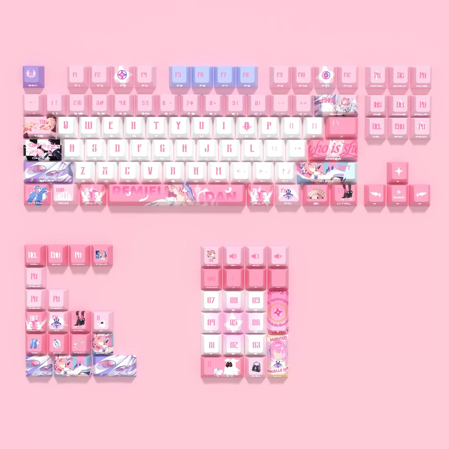 Zenless Zone Zero，Remielle Dan theme, PBT material personalized keycap set, anime keycap culture peripheral mechanical keyboard decoration keycaps， Compatible with 61/64/68/75/84/87/104 key mechanical keyboard keycap set
