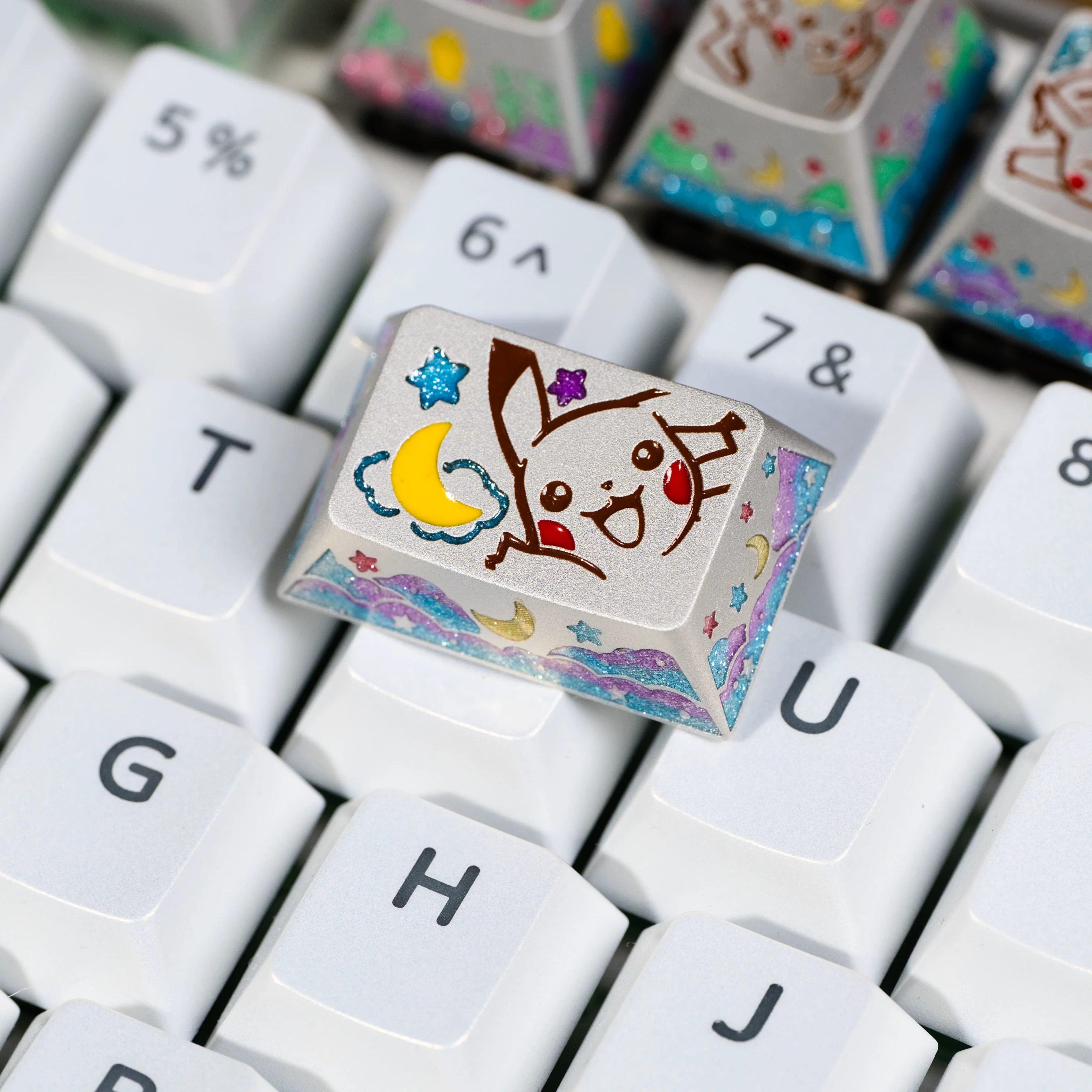 Pok é mon series, Pikachu themed design, keycaps made of aluminum alloy material CNC integrated precision machining personalized keycaps, mechanical keyboard decorative keycaps